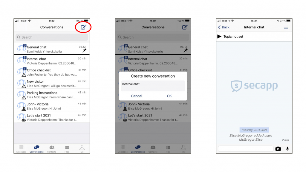 Creating a conversation in Secapp chat on iOS