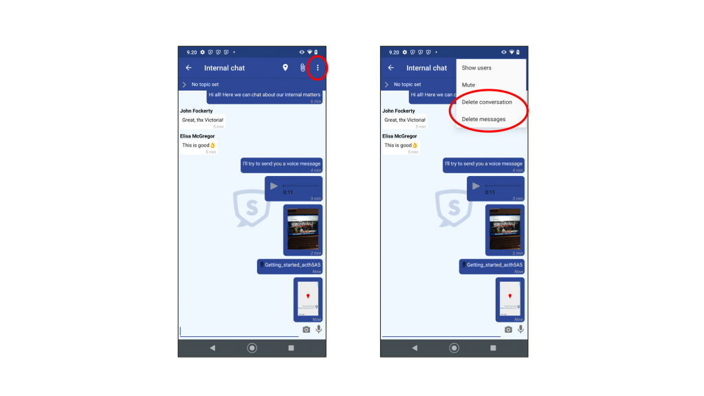 delete conversations or message in Secapp chat on android