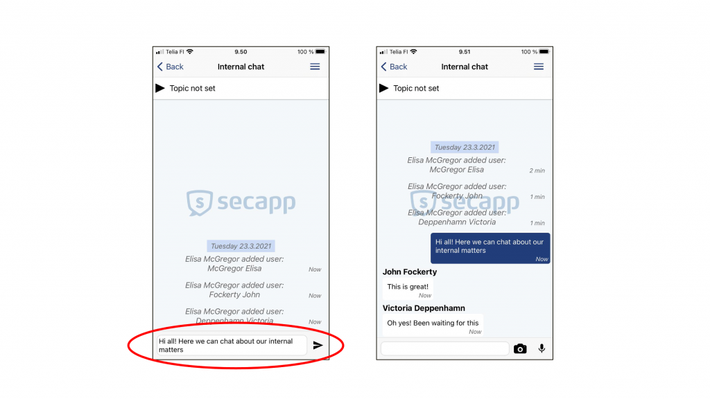 Typing a message in Secapp chat on iOS