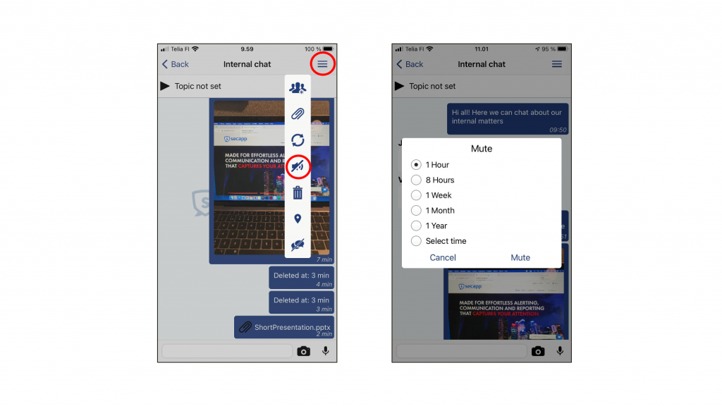 Muting a conversation in Secapp chat on iOS